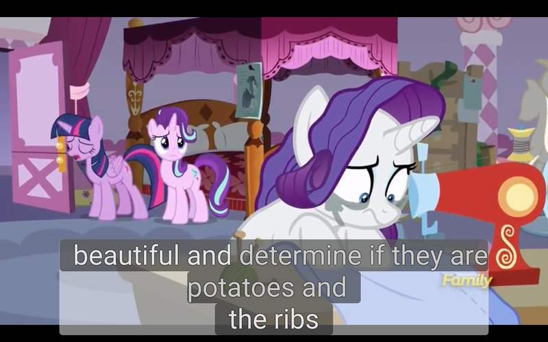 Size: 1920x1200 | Tagged: safe, derpibooru import, screencap, rarity, starlight glimmer, twilight sparkle, twilight sparkle (alicorn), alicorn, pony, fame and misfortune, makeup, meme, running makeup, sewing, sewing machine, youtube caption