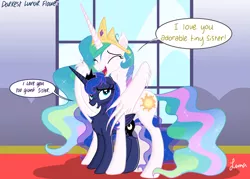 Size: 4823x3445 | Tagged: safe, artist:darkest-lunar-flower, derpibooru import, princess celestia, princess luna, alicorn, pony, alicorns only, big sislestia, canterlot, canterlot castle, chest fluff, cute, cutelestia, cutie mark, dialogue, duo, duo female, eyes closed, female, floppy ears, fluffy, grin, hug, jewelry, lidded eyes, lunabetes, mare, misleading thumbnail, missing accessory, mount, open mouth, regalia, royal sisters, sisterly love, sisters, size difference, smiling, smol, speech bubble, spread wings, sweet dreams fuel, tall, tallestia, window, wing fluff, winghug, wings