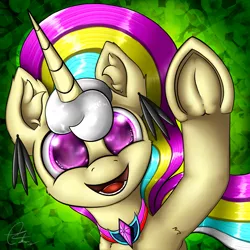 Size: 2000x2000 | Tagged: safe, artist:calena, derpibooru import, oc, oc:trinity deblanc, unofficial characters only, pony, unicorn, abstract background, armpits, avatar, biologically justified underarm fluff, colored pupils, ear fluff, ear piercing, earring, frog (hoof), hoofbump, jewelry, multicolored hair, open mouth, piercing, solo, underhoof