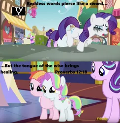 Size: 853x875 | Tagged: safe, derpibooru import, edit, edited screencap, screencap, coconut cream, daisy, diamond cutter, flower wishes, lavender bloom, rarity, starlight glimmer, toola roola, twilight sparkle, twilight sparkle (alicorn), alicorn, pony, unicorn, fame and misfortune, bible, bible verse, crying, discovery family logo, female, filly, makeup, male, mare, mascara, mascarity, ponyville, religion, running makeup, stallion, twilight's castle