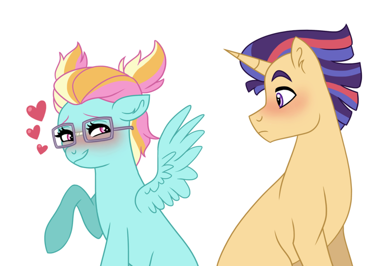 Size: 1024x700 | Tagged: safe, artist:cascayd, derpibooru import, oc, oc:crosswind, oc:starswirl, unofficial characters only, pegasus, pony, unicorn, adorkable, blushing, crush, cute, dork, female, glasses, implied straight, male, oc x oc, offspring, offspring shipping, parent:flash sentry, parent:rainbow dash, parent:twilight sparkle, parent:zephyr breeze, parents:flashlight, parents:zephdash, pigtails, shipping, simple background, spread wings, straight, white background, wingboner, wings, younger