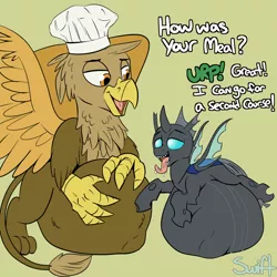 Size: 1000x1000 | Tagged: suggestive, artist:swiftsketchpone, derpibooru import, oc, oc:chef gavin, oc:mimesis, unofficial characters only, changeling, gryphon, belly, belly bed, changeling oc, changelings eating ponies, fetish, impossibly large belly, open mouth, tongue out, vore