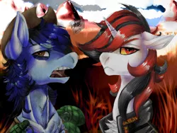 Size: 1600x1200 | Tagged: safe, artist:brainiac, derpibooru import, oc, oc:blackjack, oc:p-21, unofficial characters only, earth pony, pony, unicorn, fallout equestria, fallout equestria: project horizons, chest fluff, clothes, couple, desperado hat, female, floppy ears, grenade, hat, male, mare, open mouth, pjack, security, stallion, text