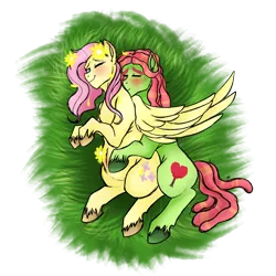 Size: 1150x1150 | Tagged: safe, artist:anxiousshadowpetals, derpibooru import, fluttershy, tree hugger, pony, cuddling, female, flower, flower in hair, flutterhugger, grass, kissing, lesbian, meadow, one eye closed, pregnant, sensibly-proportioned pregnancy, shipping, spooning