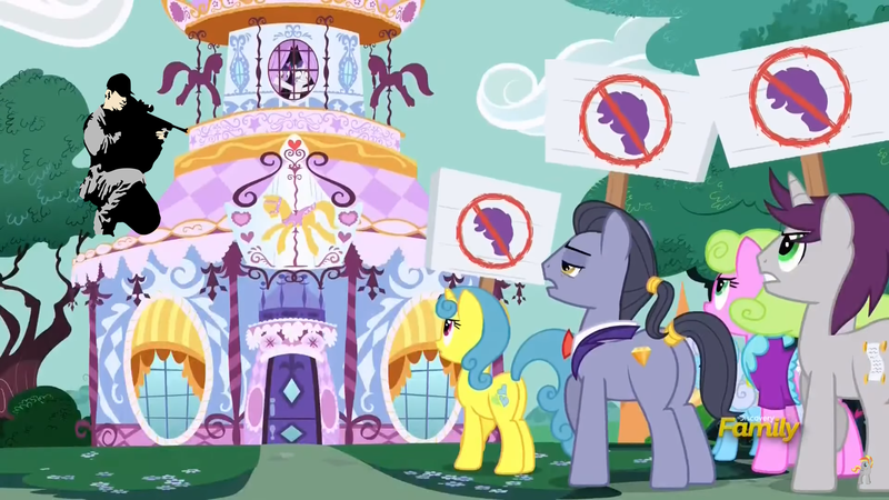 Size: 1366x768 | Tagged: alicorn, anti-rarity sign, background pony, boycott, derpibooru import, disproportionate retribution, edit, fame and misfortune, gun, human, overkill, overreaction, plot, rarity, screencap, semi-grimdark, sniper, twilight sparkle, twilight sparkle (alicorn), weapon