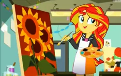 Size: 1245x784 | Tagged: safe, derpibooru import, screencap, drama letter, sunset shimmer, watermelody, eqg summertime shorts, equestria girls, the art of friendship, apron, clothes, meme origin, painting, sunflower, sunset's painting