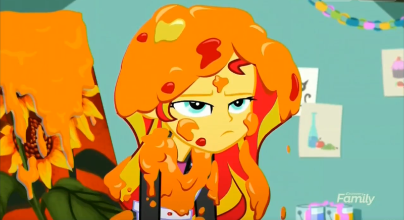 Size: 1464x797 | Tagged: safe, derpibooru import, screencap, sunset shimmer, eqg summertime shorts, equestria girls, the art of friendship, apron, clothes, female, painting, solo, sunflower