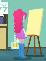 Size: 1536x2048 | Tagged: safe, derpibooru import, edit, edited screencap, screencap, pinkie pie, eqg summertime shorts, equestria girls, the art of friendship, boots, canvas, clothes, cropped, easel, female, rear view, shoes, solo