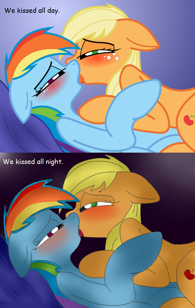 Size: 792x1251 | Tagged: suggestive, artist:electronvolt, artist:twintailsinc, derpibooru import, edit, applejack, rainbow dash, appledash, female, french kiss, kissing, lesbian, shipping, text