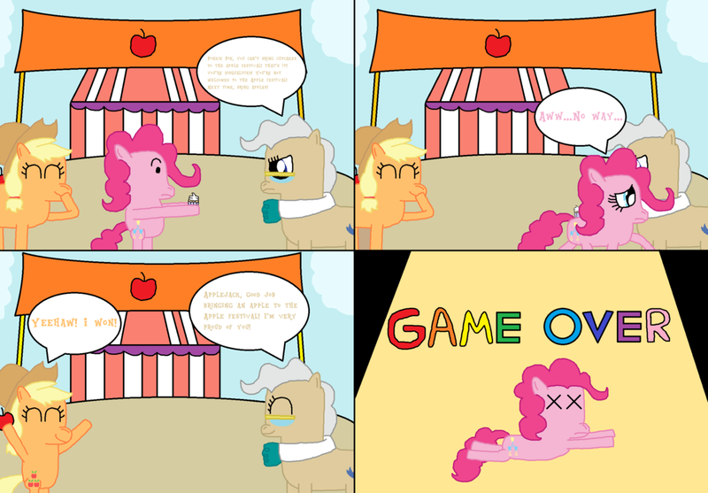 Size: 1024x713 | Tagged: safe, artist:penelopehamuchan, derpibooru import, applejack, mayor mare, pinkie pie, pony, apple, bad end, bipedal, comic, cupcake, faint, fainted, food, game over, unconscious, wat, x eyes