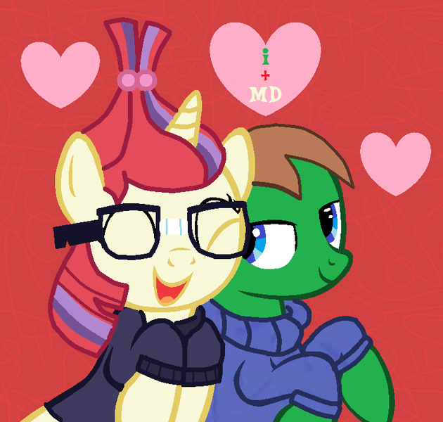 Size: 748x712 | Tagged: safe, derpibooru import, moondancer, oc, oc:ian, pony, canon x oc, clothes, cuddling, dawwww, glasses, heart, iandancer, sweater