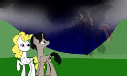 Size: 2560x1536 | Tagged: safe, artist:shadowplay465, derpibooru import, surprise, oc, oc:archooves, demon, pony, archrise, canon x oc, night, shipping