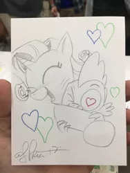 Size: 1536x2048 | Tagged: safe, artist:andypriceart, derpibooru import, rarity, spike, dragon, andy price is trying to murder us, andy you magnificent bastard, blushing, cute, female, hug, male, monochrome, raribetes, shipping, sparity, straight, traditional art