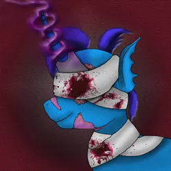 Size: 1990x2000 | Tagged: grimdark, artist:freeformedto, derpibooru import, pony, unicorn, abstract background, bandage, blind, blindfold, blindfolded, blood, blue mane, bust, corrupted, magic, mane, missing ear, red background, remake, skin, smiling, solo