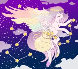 Size: 800x709 | Tagged: safe, artist:elarywakefield, derpibooru import, oc, oc:pastel starise, unofficial characters only, pegasus, pony, bag, cloud, constellation, female, flying, mare, solo, star placer, stars, tangible heavenly object, veil