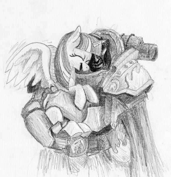 Size: 770x798 | Tagged: safe, artist:t72b, derpibooru import, twilight sparkle, twilight sparkle (alicorn), alicorn, human, pony, armor, crossover, female, holding a pony, hug, male, mare, monochrome, newbie artist training grounds, power armor, primarch, primarch of friendship, smiling, traditional art, vulkan, warhammer (game), warhammer 30k, warhammer 40k