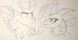 Size: 1024x531 | Tagged: artist:evergreen-gemdust, changedling, changeling, confrontation, cute, derpibooru import, dragon, dragon lord ember, emberbetes, king thorax, looking at each other, monochrome, princess ember, safe, sketch, thorabetes, thorax, traditional art, triple threat