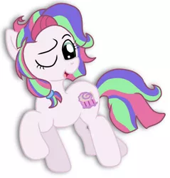 Size: 762x796 | Tagged: safe, artist:doraemonfan4life, derpibooru import, coconut cream, toola roola, earth pony, pony, fame and misfortune, female, filly, fusion, one eye closed, solo, wink