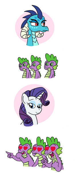 Size: 1024x2311 | Tagged: safe, artist:verycomicrelief, derpibooru import, princess ember, rarity, spike, dragon, exploitable meme, female, gaijin 4koma, male, meme, multeity, pit of spikes, reaction guys, shipping, sparity, straight