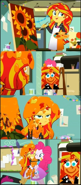 Size: 1478x3354 | Tagged: safe, derpibooru import, screencap, pinkie pie, sunset shimmer, eqg summertime shorts, equestria girls, the art of friendship, apron, clothes, comic, hug, painting, pinkie's portrait, screencap comic, sunflower, sunset's painting