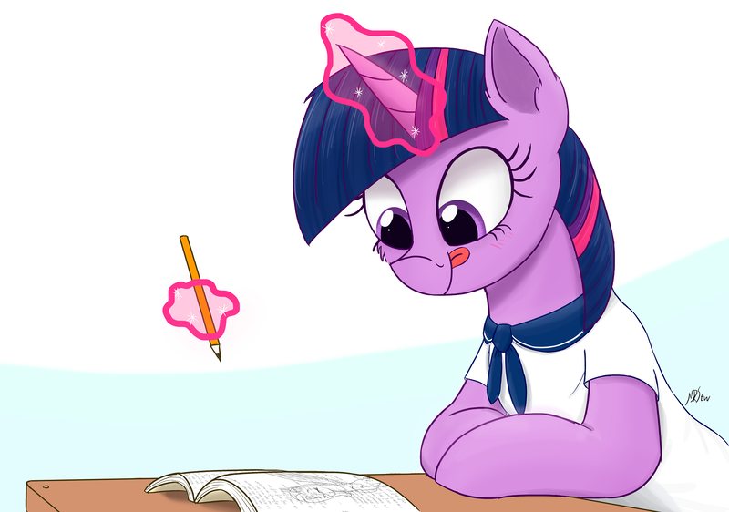 Size: 2000x1406 | Tagged: safe, artist:j24262756, derpibooru import, twilight sparkle, pony, clothes, female, glowing horn, magic, mare, paper, pencil, schoolgirl, simple background, smiling, solo, tongue out, writing