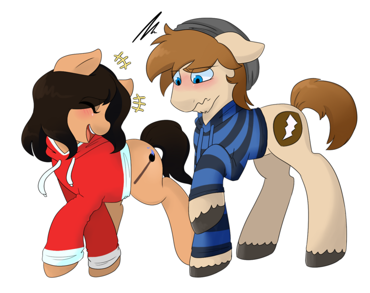 Size: 1280x1013 | Tagged: safe, artist:liziedoodle, derpibooru import, oc, oc:lizie, oc:zone blitz, unofficial characters only, pony, accessory swap, beanie, clothes, cute, embarrassed, female, flustered, hat, hoodie, laughing, male, mare, simple background, stallion, transparent background, zozie