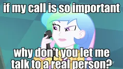 Size: 1920x1080 | Tagged: safe, derpibooru import, edit, edited screencap, screencap, princess celestia, eqg summertime shorts, equestria girls, subs rock, celestia calls, female, image macro, meme, mr moseby, phone, principal celestia, solo, the suite life on deck