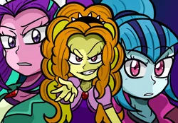 Size: 2000x1389 | Tagged: safe, artist:kira-vera, derpibooru import, adagio dazzle, aria blaze, sonata dusk, equestria girls, evil grin, frown, grin, group photo, looking at you, smiling, the dazzlings