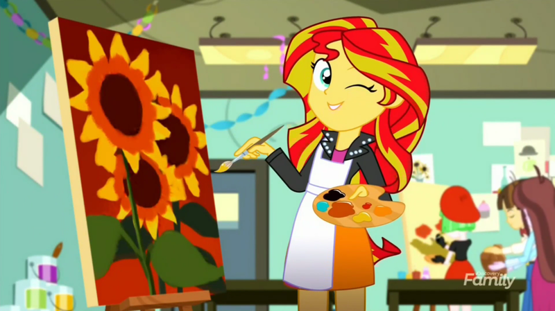 Size: 1278x717 | Tagged: safe, derpibooru import, screencap, drama letter, sunset shimmer, velvet sky, watermelody, eqg summertime shorts, equestria girls, the art of friendship, apron, brush, clothes, easel, paint, painting, sunflower, sunset's painting