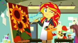 Size: 1278x717 | Tagged: safe, derpibooru import, screencap, drama letter, sunset shimmer, velvet sky, watermelody, eqg summertime shorts, equestria girls, the art of friendship, apron, brush, clothes, easel, paint, painting, sunflower, sunset's painting