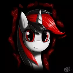 Size: 1080x1080 | Tagged: source needed, safe, artist:phenya, derpibooru import, oc, oc:blackjack, unofficial characters only, pony, unicorn, fallout equestria, black background, bust, fall out boy, female, looking at you, mare, portrait, red, red and black oc, red eyes, simple background, solo
