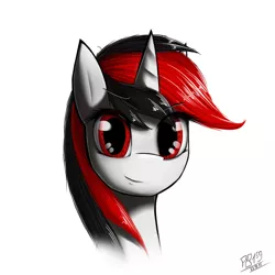 Size: 1080x1080 | Tagged: source needed, safe, artist:phenya, derpibooru import, oc, oc:blackjack, unofficial characters only, pony, unicorn, fallout equestria, bust, fall out boy, female, mare, portrait, red, red and black oc, red eyes, simple background, solo, white background