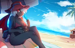 Size: 3669x2349 | Tagged: suggestive, artist:hakkids2, derpibooru import, oc, oc:dusty fang, unofficial characters only, anthro, bat pony, seagull, beach, big breasts, bikini, breasts, clothes, female, food, hat, ice cream, mare, ocean, palm tree, sand, sitting, snack bar, solo, solo female, sun hat, swimsuit, towel, tree, umbrella