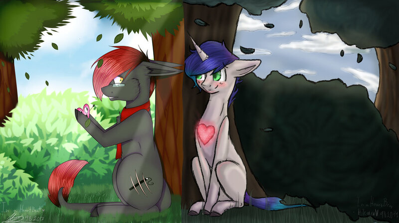 Size: 1024x574 | Tagged: safe, artist:lastaimin, artist:viiniecz, derpibooru import, oc, unofficial characters only, earth pony, pony, unicorn, clothes, gay, male, oc x oc, scarf, shipping, stallion, tree