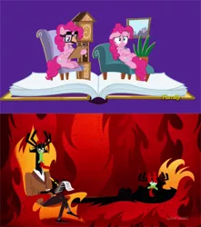 Size: 620x700 | Tagged: safe, derpibooru import, pinkie pie, pony, fame and misfortune, aku, clipboard, comparison, flawless, groucho mask, notepad, pinkiatrist, samurai jack, therapist