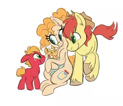 Size: 1500x1300 | Tagged: safe, artist:ponygoggles, derpibooru import, applejack, big macintosh, bright mac, pear butter, earth pony, pony, the perfect pear, baby, baby pony, babyjack, brightbutter, colt, cowboy hat, cute, eye contact, family, female, filly, filly applejack, foal, hat, jackabetes, looking at each other, macabetes, male, mare, shipping, simple background, sitting, smiling, stallion, stetson, straight, unshorn fetlocks, white background, younger