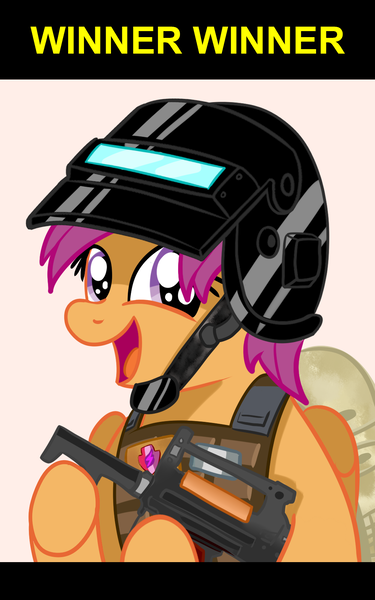 Size: 1000x1600 | Tagged: safe, artist:truffle shine, derpibooru import, scootaloo, pegasus, pony, backpack, bullpup rifle, clothes, female, filly, groza, gun, helmet, helmet strap, implied scootachicken, k6-3, kevlar, playerunknown's battlegrounds, ponies with guns, show accurate, smiling, solo, vest, visor, weapon, winner winner chicken dinner
