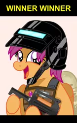 Size: 1000x1600 | Tagged: safe, artist:truffle shine, derpibooru import, scootaloo, pegasus, pony, backpack, bullpup rifle, clothes, female, filly, groza, gun, helmet, helmet strap, implied scootachicken, k6-3, kevlar, playerunknown's battlegrounds, ponies with guns, show accurate, smiling, solo, vest, visor, weapon, winner winner chicken dinner