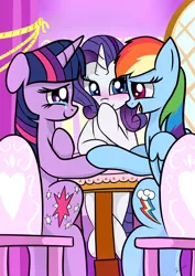 Size: 2480x3507 | Tagged: safe, artist:twidasher, derpibooru import, rainbow dash, rarity, twilight sparkle, pony, blushing, chair, crying, female, holding hooves, lesbian, polyamory, raridash, rarilight, raritwidash, shipping, sitting, table, tears of joy, twidash