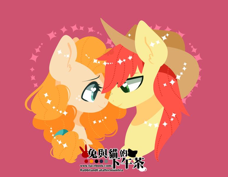 Size: 1422x1104 | Tagged: safe, artist:snow angel, derpibooru import, bright mac, pear butter, earth pony, pony, the perfect pear, brightbutter, cowboy hat, female, hat, heart eyes, looking at each other, male, mare, shipping, stetson, straight, wingding eyes