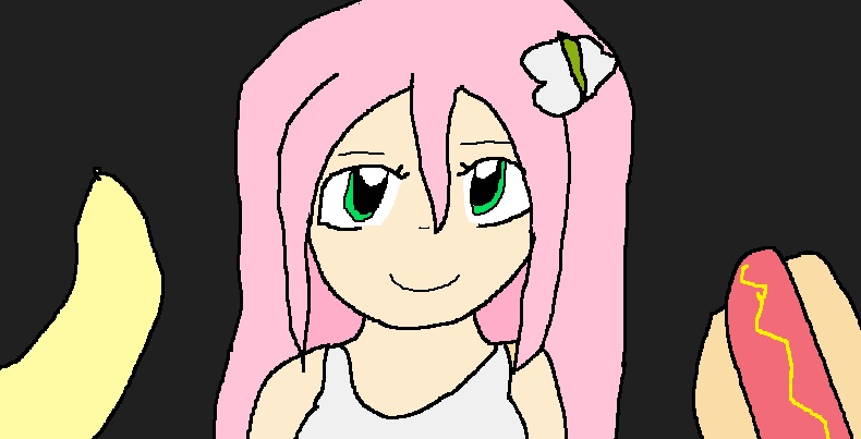 Size: 790x403 | Tagged: 1000 hours in ms paint, artist:theanimebrony, banana, derpibooru import, female, fluttershy, food, hot dog, human, humanized, meat, ms paint, sausage, simple background, solo, suggestive