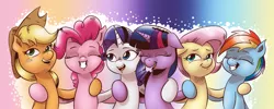 Size: 1657x665 | Tagged: safe, artist:saturdaymorningproj, derpibooru import, applejack, fluttershy, pinkie pie, rainbow dash, rarity, twilight sparkle, twilight sparkle (alicorn), alicorn, earth pony, pegasus, pony, unicorn, fame and misfortune, female, flawless, mane six, mare, smiling