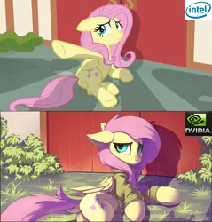 Size: 1235x1292 | Tagged: safe, artist:ramiras, derpibooru import, edit, edited screencap, screencap, fluttershy, pegasus, pony, fame and misfortune, bottomless, clothes, comparison, dock, female, floppy ears, fluffy, frown, humor, intel, looking at you, mare, meme, nvidia, partial nudity, pc master race, plot, pointing, shadows, side, sweater, sweatershy, underhoof