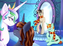 Size: 2700x2000 | Tagged: safe, artist:mailner, derpibooru import, princess celestia, alicorn, pony, unicorn, blue eyes, blushing, clothes, crossover, green eyes, harry potter, hermione granger, mirror, palace, ron weasley, scarf, smiley face