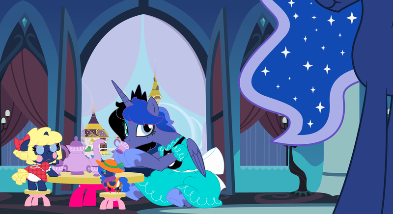 Size: 11000x6000 | Tagged: safe, artist:evilfrenzy, derpibooru import, princess luna, oc, oc:cruithne, oc:frenzy, oc:leeloo, alicorn, pony, unicorn, :i, absurd resolution, adult foal, age progression, age regression, alicorn oc, baby, baby pony, blush sticker, blushing, bow, caught, clothes, colt, crossdressing, diaper, dress, foal, hair bow, hoof shoes, male, offspring, parent:oc:frenzy, parent:princess luna, parents:canon x oc, pointy ponies, tea party