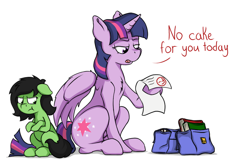 Size: 1902x1340 | Tagged: safe, artist:crownhound, derpibooru import, twilight sparkle, twilight sparkle (alicorn), oc, oc:anonfilly, alicorn, earth pony, pony, book, fail, female, filly, grades, mama twilight, saddle bag