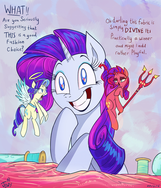 Size: 781x910 | Tagged: safe, artist:jowybean, derpibooru import, rarity, pony, unicorn, the saddle row review, angel rarity, argument, blue and orange morality, conscience, devil rarity, dialogue, duality, female, grin, halo, mare, multeity, open mouth, pitchfork, scene interpretation, shoulder angel, shoulder devil, signature, smiling, talking, teeth, thousand yard stare