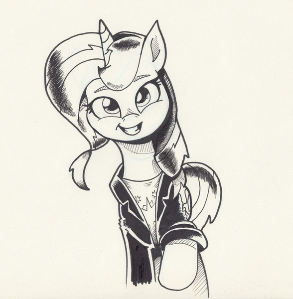 Size: 766x782 | Tagged: safe, artist:saturdaymorningproj, derpibooru import, sunset shimmer, pony, unicorn, clothes, female, jacket, looking at you, mare, monochrome, solo, traditional art