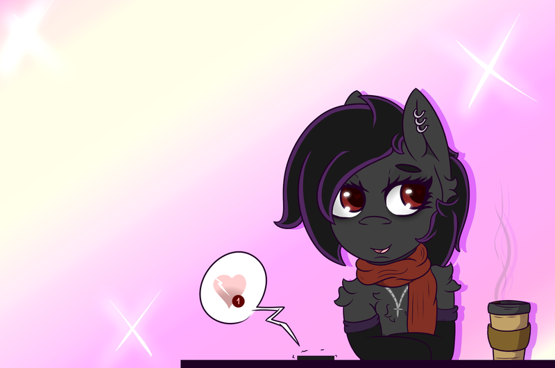 Size: 2000x1324 | Tagged: safe, artist:lazerblues, derpibooru import, oc, oc:deep rest, unofficial characters only, pony, clothes, coffee, collar, ear piercing, heart eyes, mobile phone, phone, piercing, scarf, solo, wingding eyes