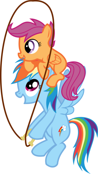 Size: 1627x2868 | Tagged: safe, artist:kehrminator, derpibooru import, rainbow dash, scootaloo, pegasus, pony, female, filly, jump rope, mare, ponies riding ponies, scootahat, scootalove, simple background, transparent background